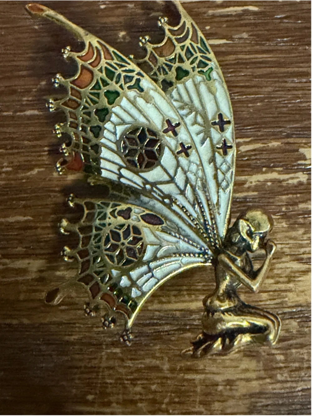 Vintage Fairy Pixie Brooch Gold Tone Enamel Winged Figural Pin 2.25” Fantasy